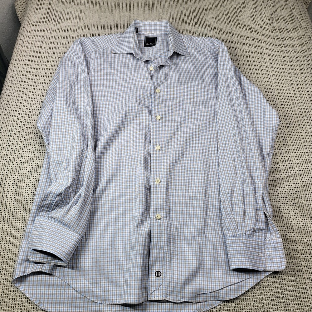 David Donahue Shirt Mens 16 34/35 Blue Check Classic Fit Dress Long Sleeve